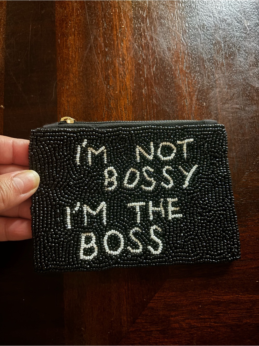 Beaded Zip Pouch Wallet - Black with White Lettering
